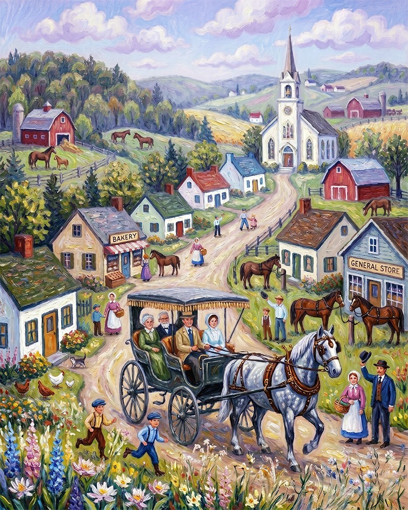 Farm House Art Folk Art Sunday Morning 8x10 art print.   0319