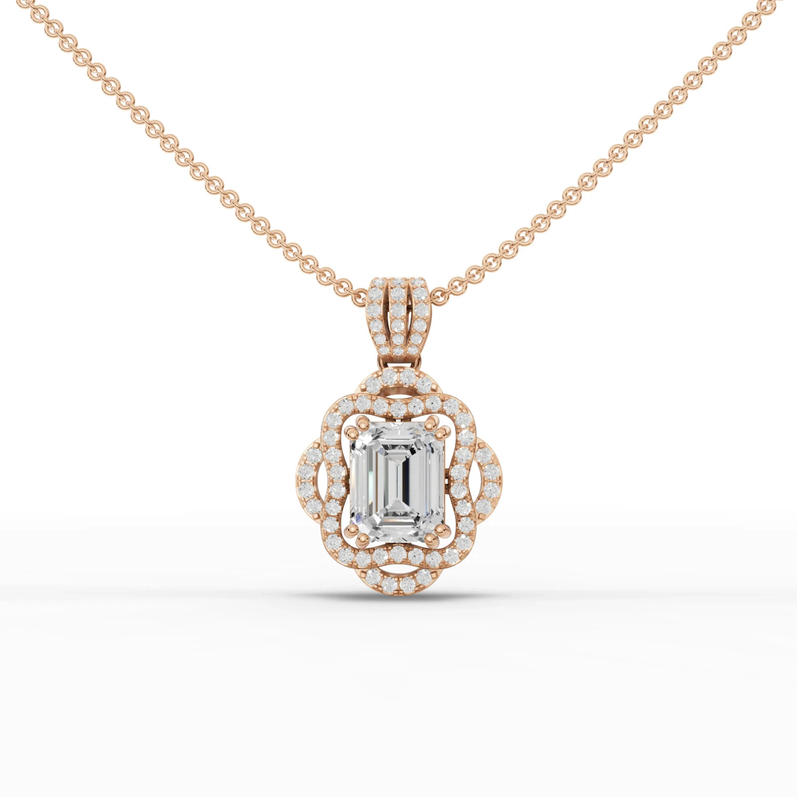 3.00 Ct Emerald Lab Grown Diamond 18k Rose Gold Halo Pendant Necklace