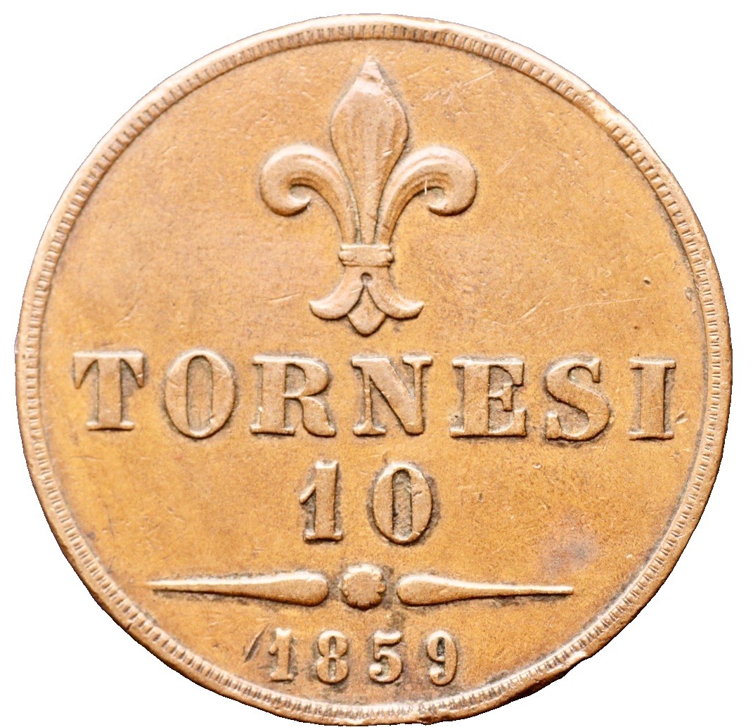 Italian States Kingdom of two Scillies  10 Tornesi 1859  Francesco II KM# 378