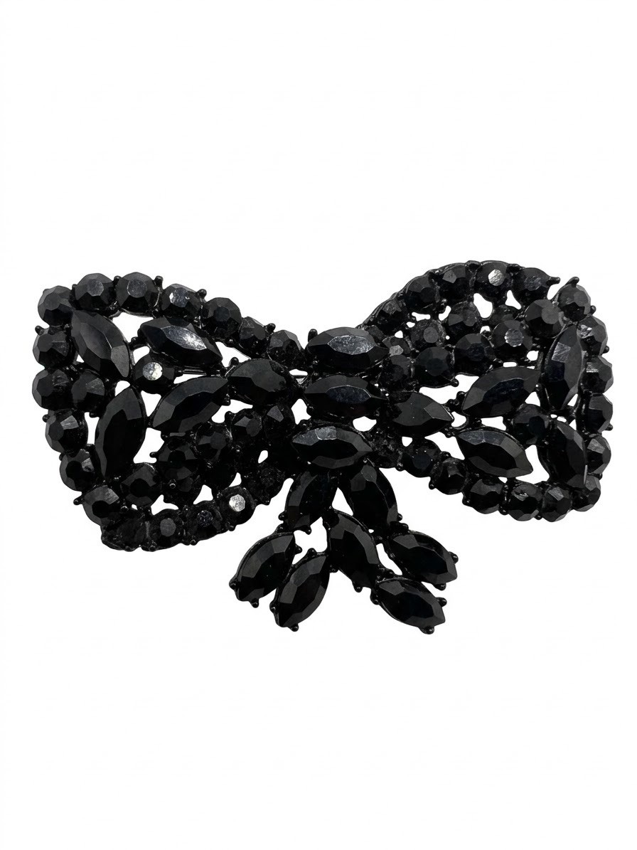 WEISS Signed Vintage Black Rhinestone Bow Brooch Japanned Setting 1950s Goth 