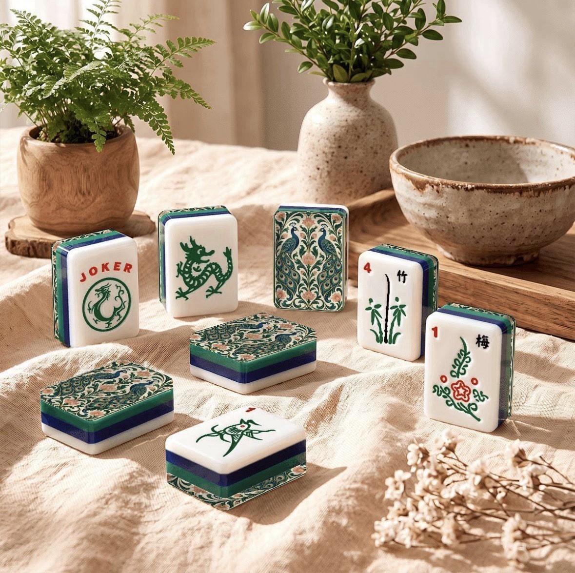Premium Art Deco Nouveau Peacock 166 Piece American Mahjong Tiles Green & Blue