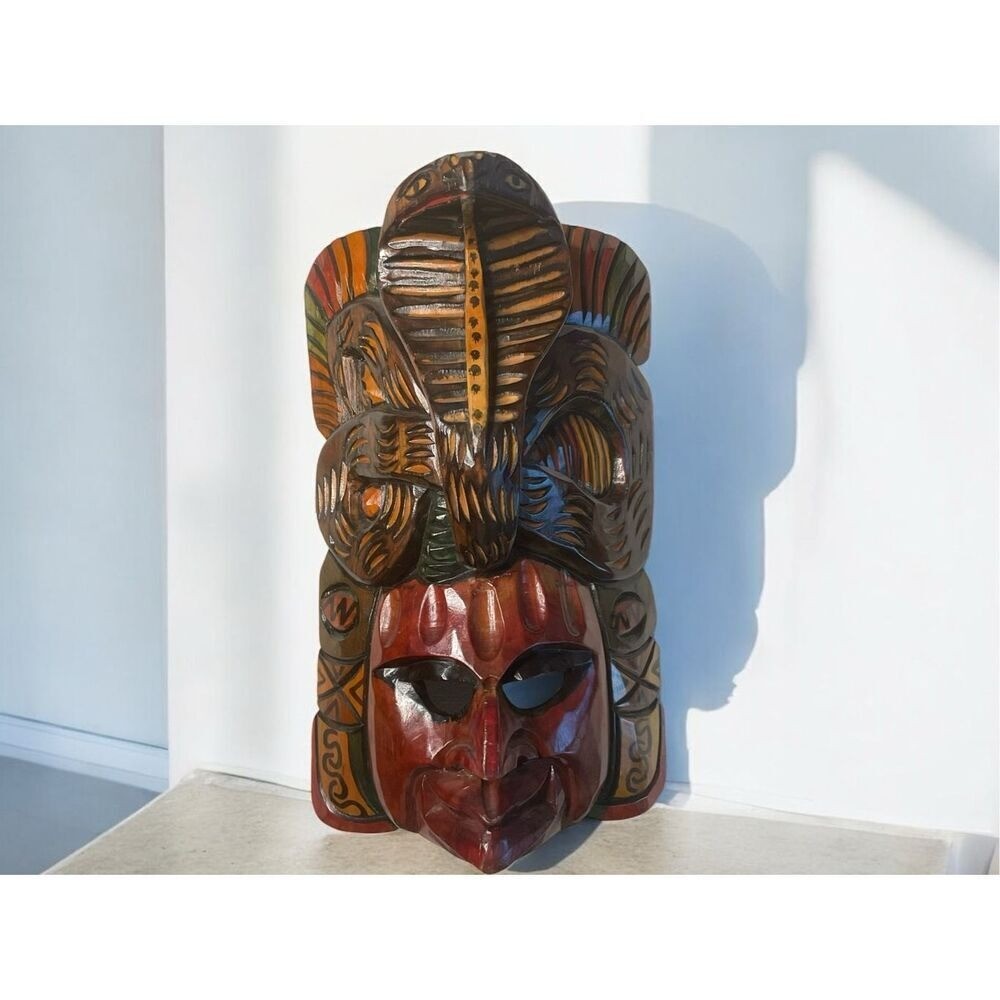 Vintage Hand Carved Wood Wall Hanging Mask Cobra on Top Wooden Sculpture Art 15\