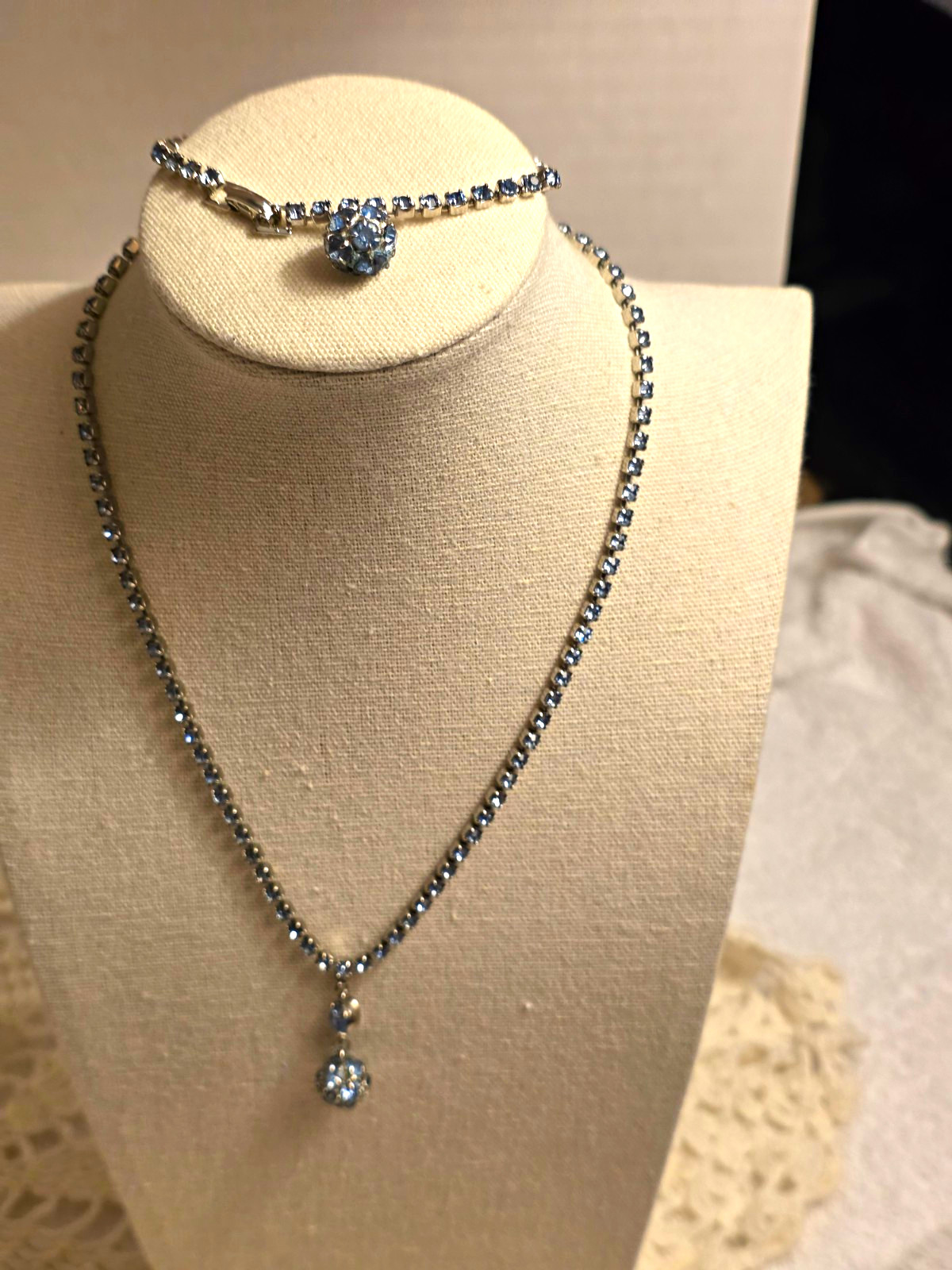 WEISS Signed Vintage Ice Blue Rhinestone Necklace & Bracelet Set Silver Tone WEISS Signed Vintage Ice Blue Rhinestone Necklace & Bracelet Set Silver Tone