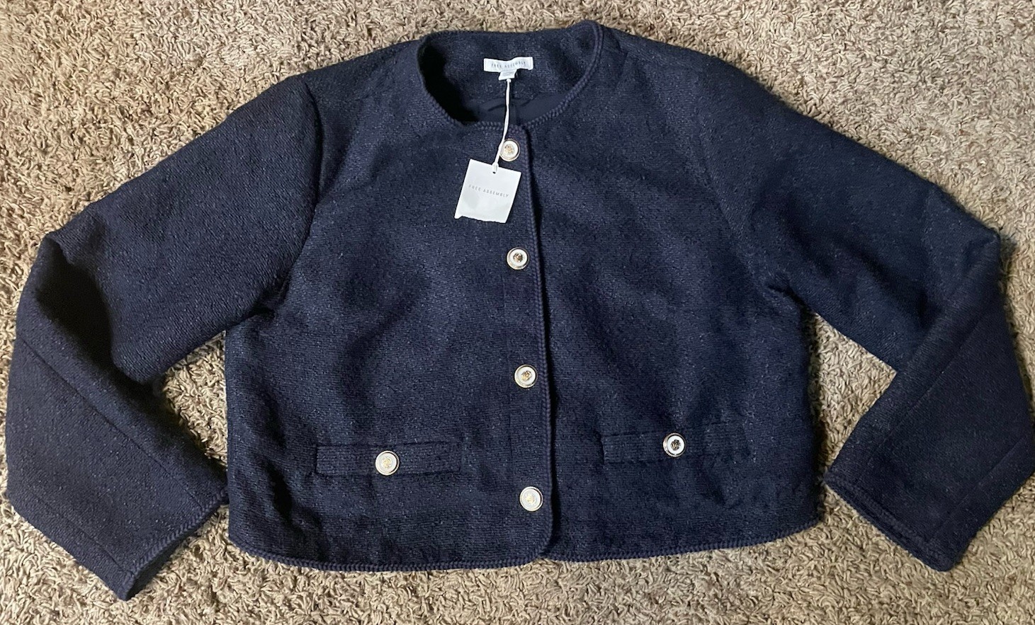Women’s Free Assembly XL Navy Blue Boucle Blazer Ornate Gold Tone Buttons NWT Women’s Free Assembly XL Navy Blue Boucle Blazer Ornate Gold Tone Buttons NWT