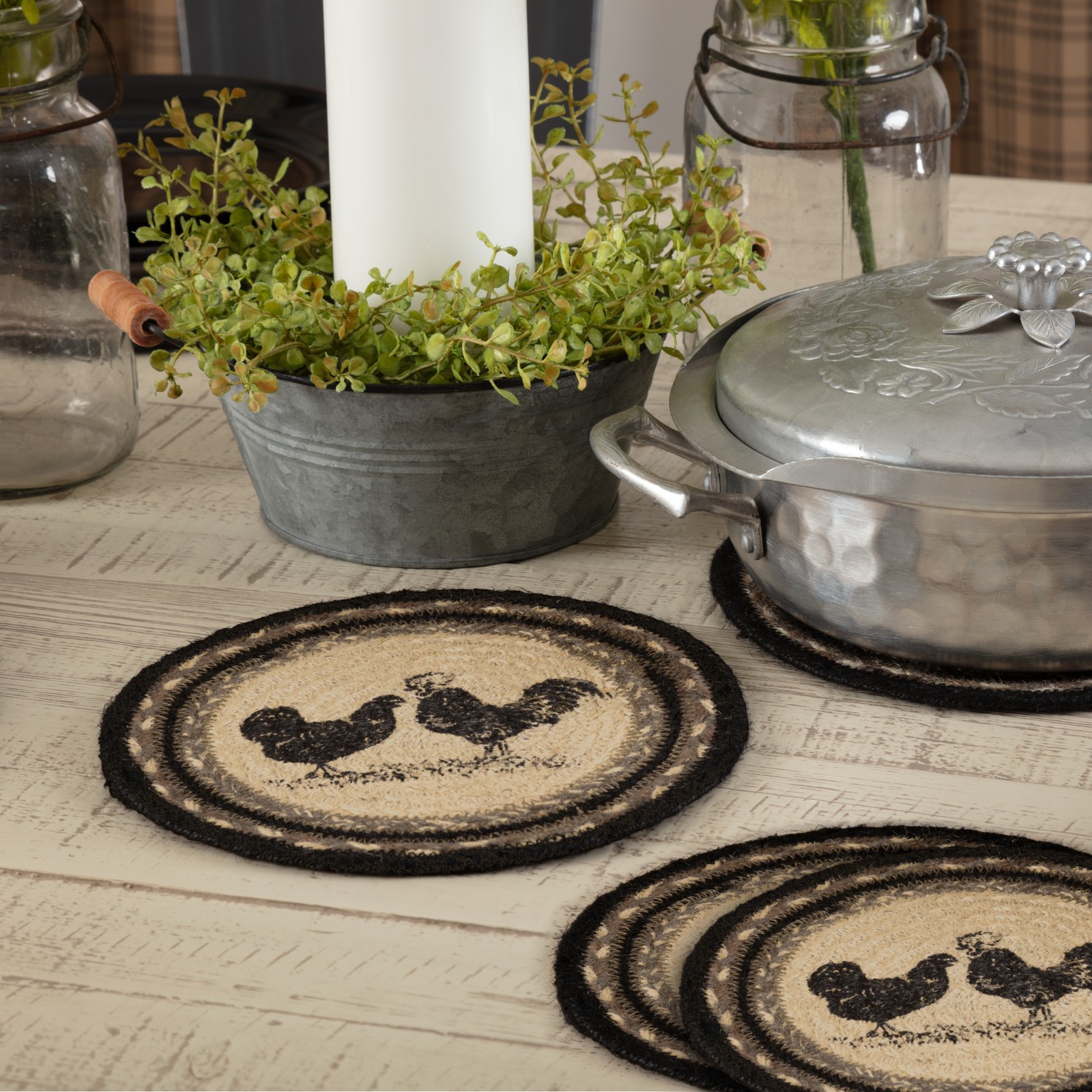 VHC Brands Sawyer Mill Charcoal Poultry Jute Trivet 8 inch Diameter Set of 3