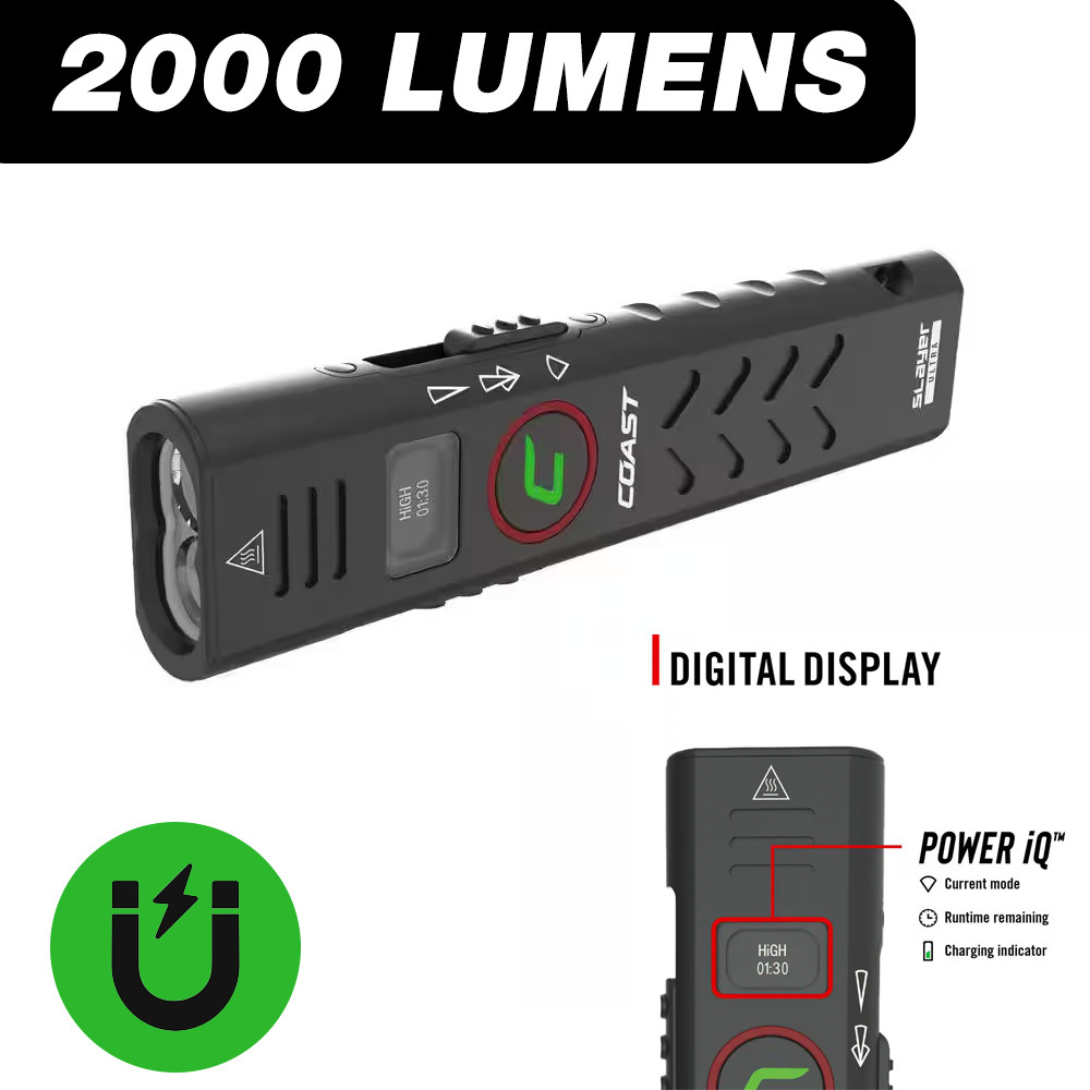 COAST Slayer 2000 Lumens USB-C Rechargeable Flat EDC Flashlight Magnet Tactical COAST Slayer 2000 Lumens USB-C Rechargeable Flat EDC Flashlight Magnet Tactical