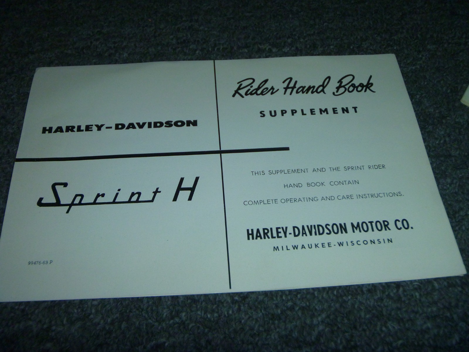 1963 Harley Davidson Sprint H Motorcycle Rider Handbook Supplement 99476-63P xz
