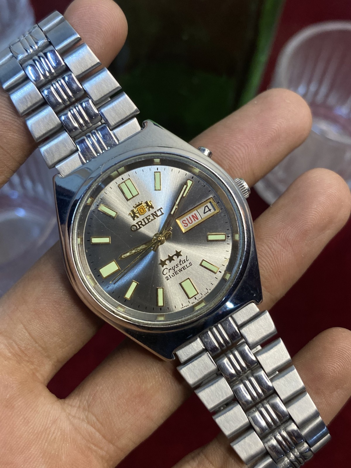 Rare Orient Tri-Star Crystal Automatic  Silver Sunburst Dial -37mm - Serviced