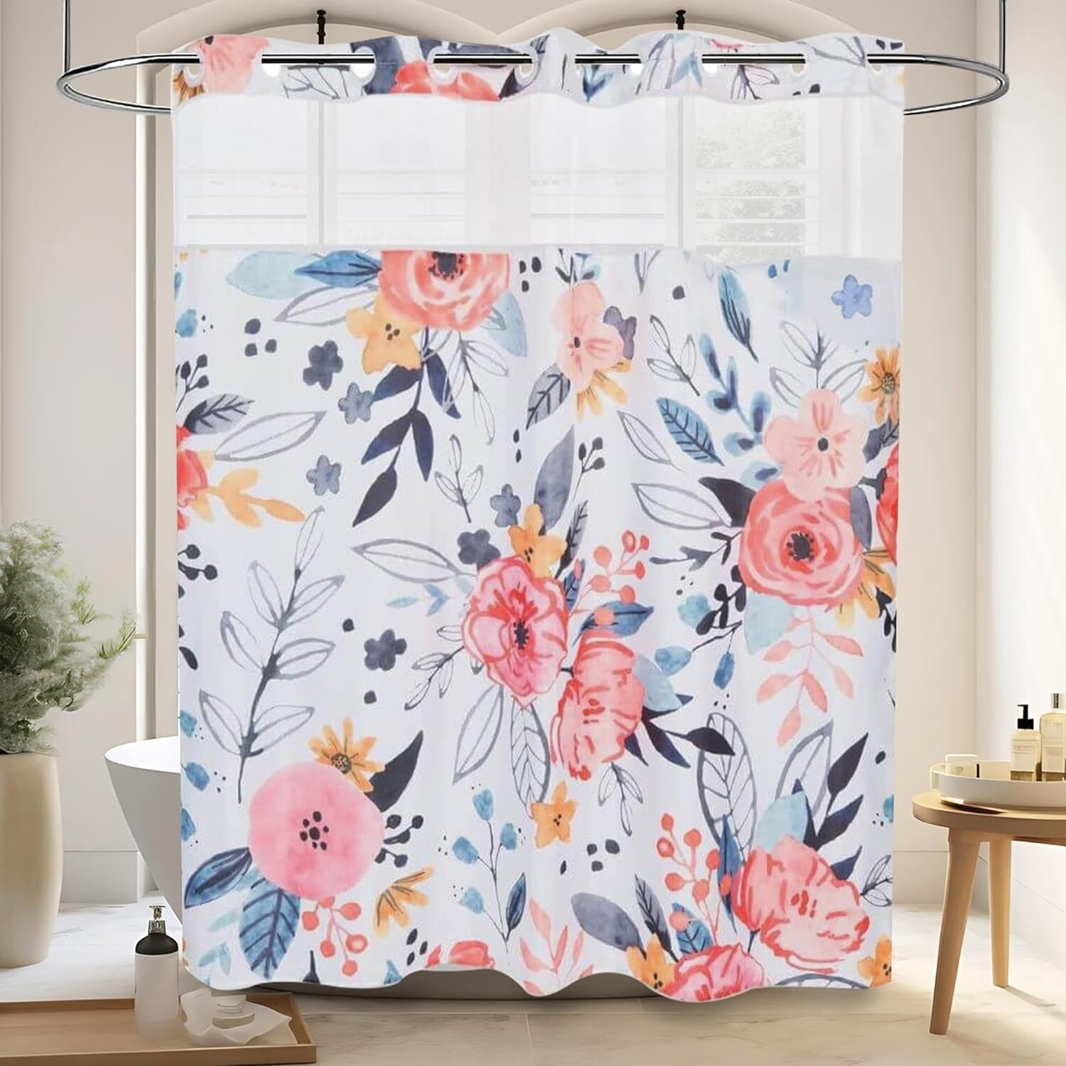 No Hook Floral Shower Curtains with Washable Snap-In Liner 71Wx74L\