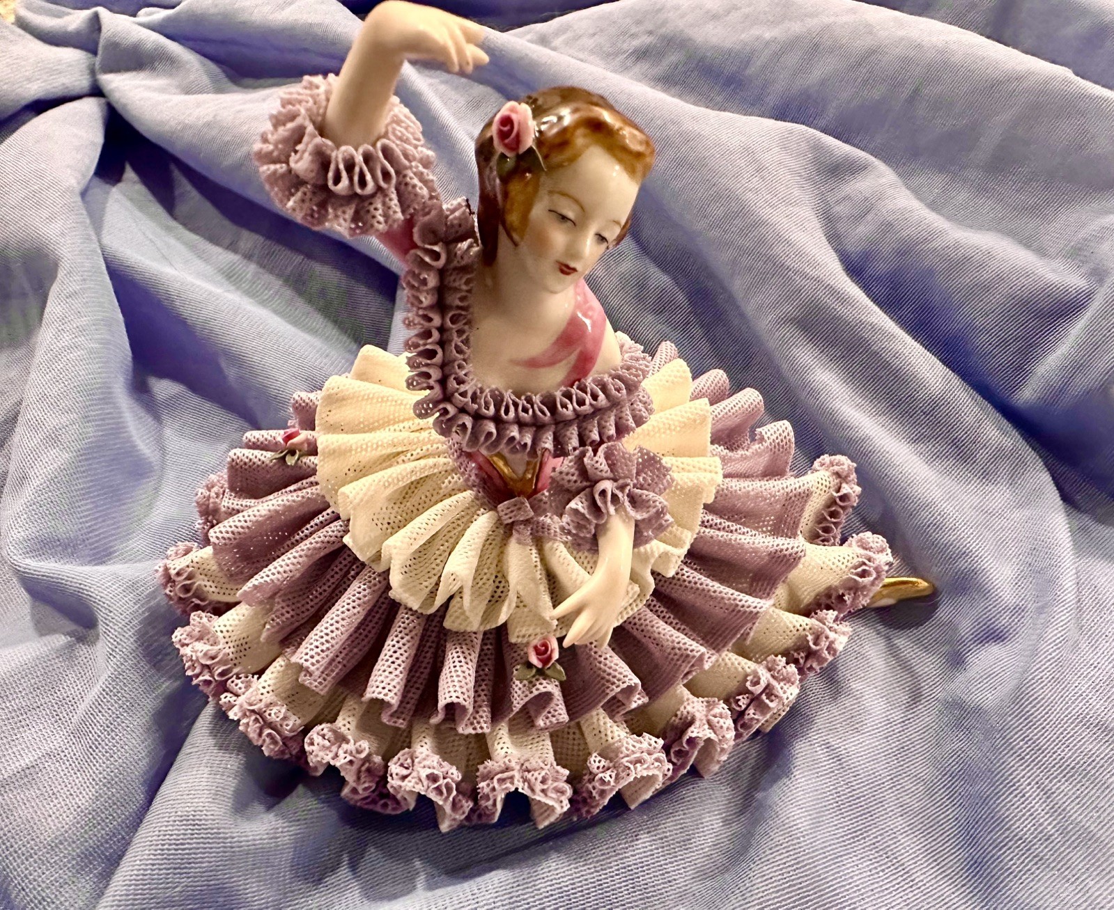 German Dresden Lilac/White Lace Dress Porcelain Spanish Dancer Figurine, 7