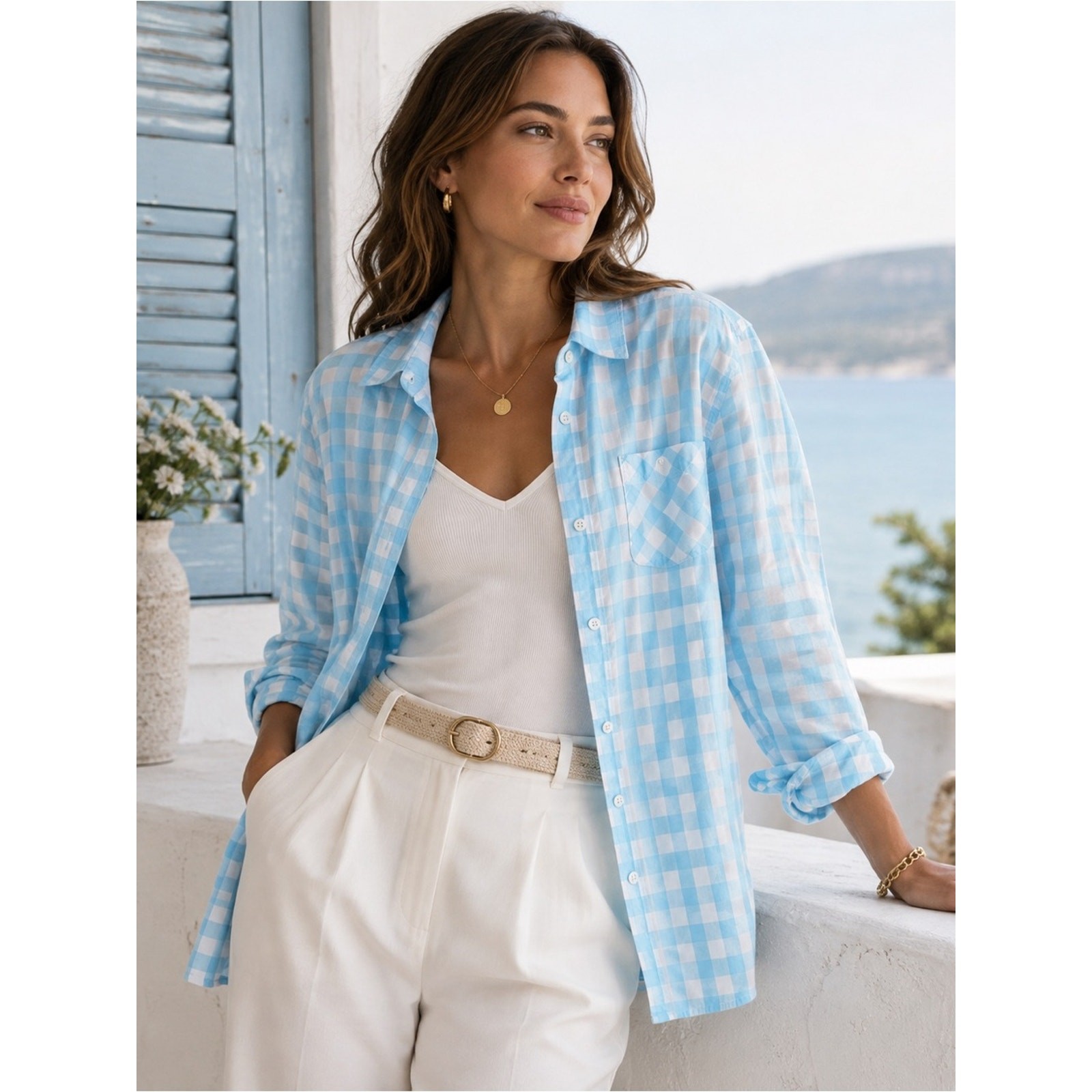 Sonoma Life + Style XL 100% Cotton Blue & White Gingham Button Down Shirt