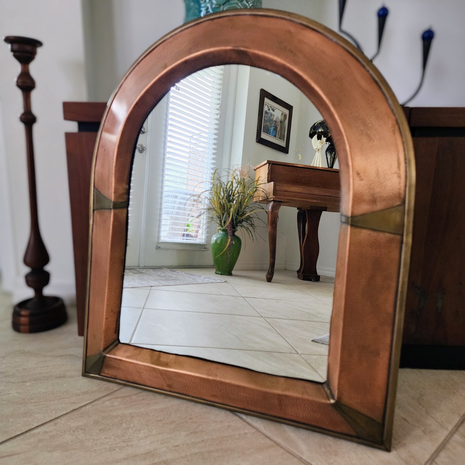 Vintage Handcrafted Hammered Copper w/ Brass Accents Arched Wall Mirror 24\