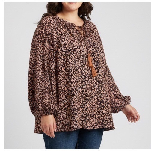 GIGIO PLUS Black/Brown LEOPARD PRINT Tie Neckline ELASTIC CUFF Crepe BLOUSE XL GIGIO PLUS Black/Brown LEOPARD PRINT Tie Neckline ELASTIC CUFF Crepe BLOUSE XL