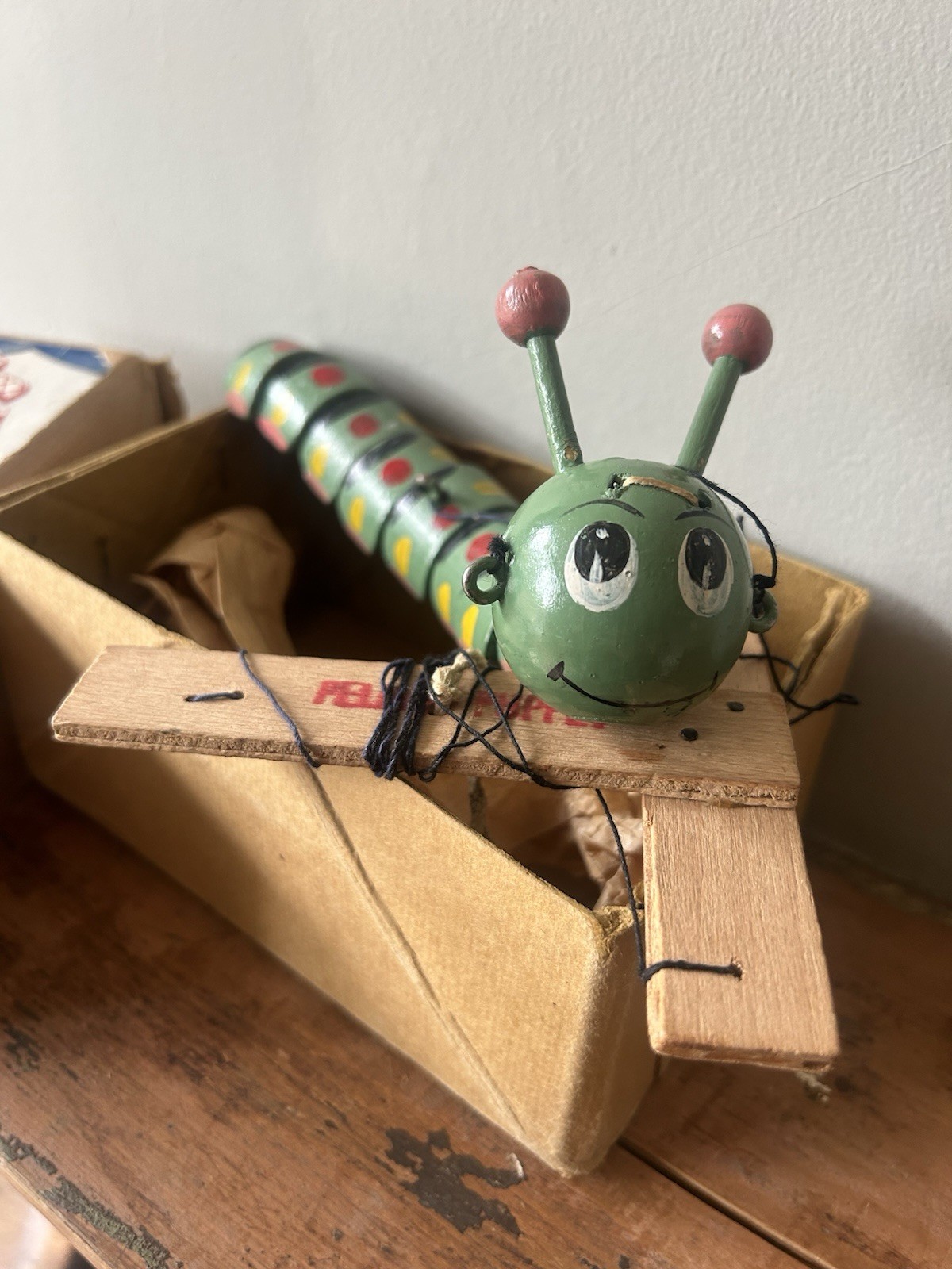 Lovely Early Vintage Old Pelham Puppet Wooden Caterpillar Correct Box
