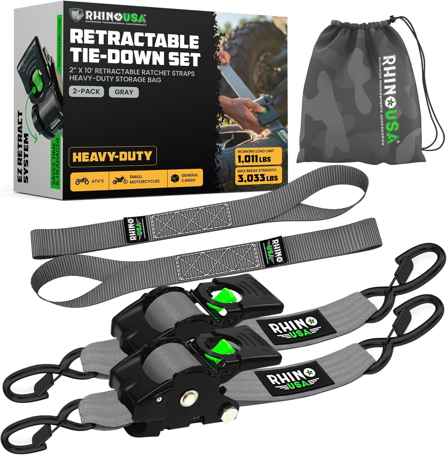 Rhino USA Retractable Ratchet Straps (2-Pack) - 2 Inch x 10 Feet (3,033lb Break 