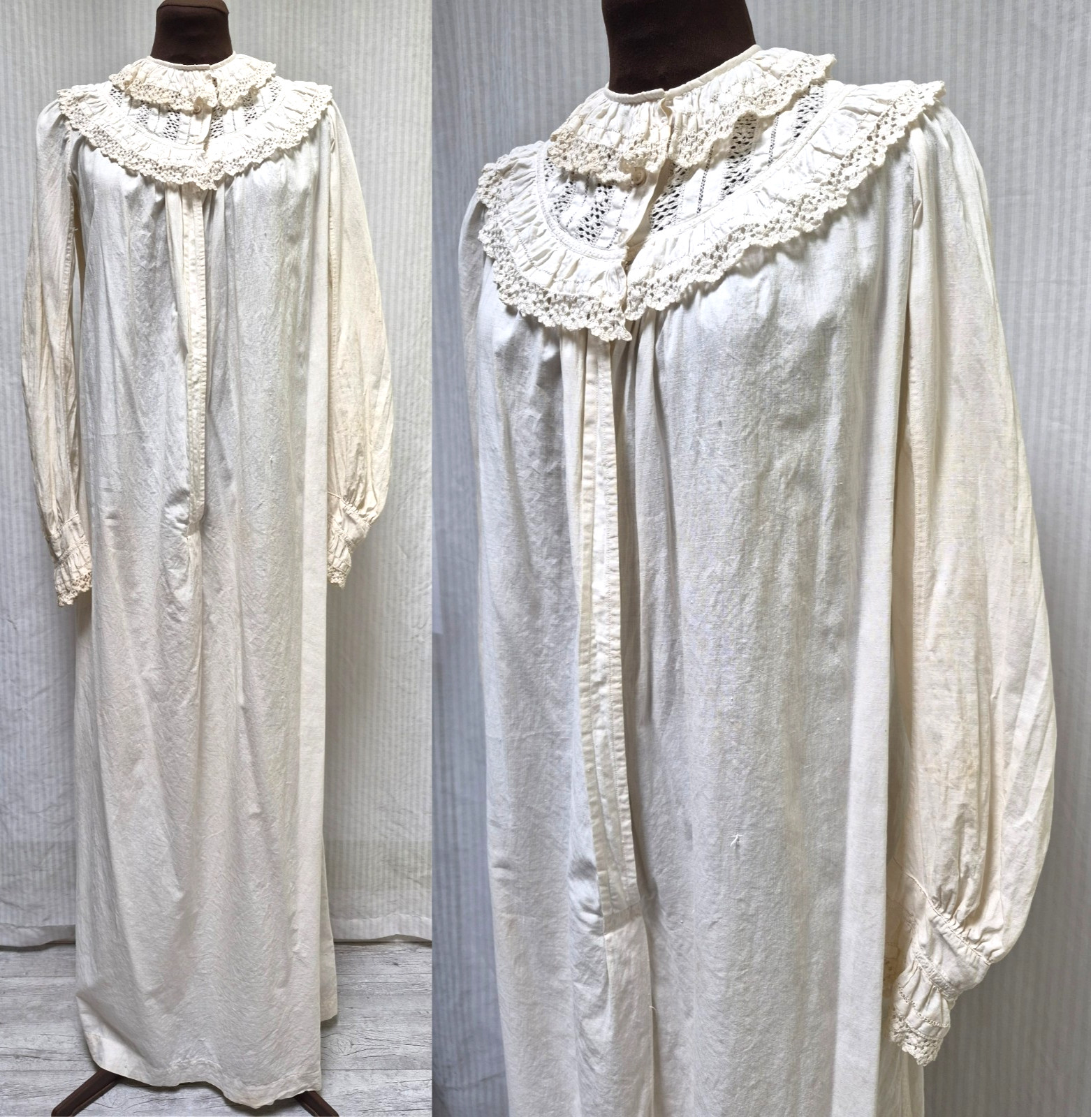 Antique Victorian Edwardian Cotton Crochet Lace Long Nightgown - Size S/M