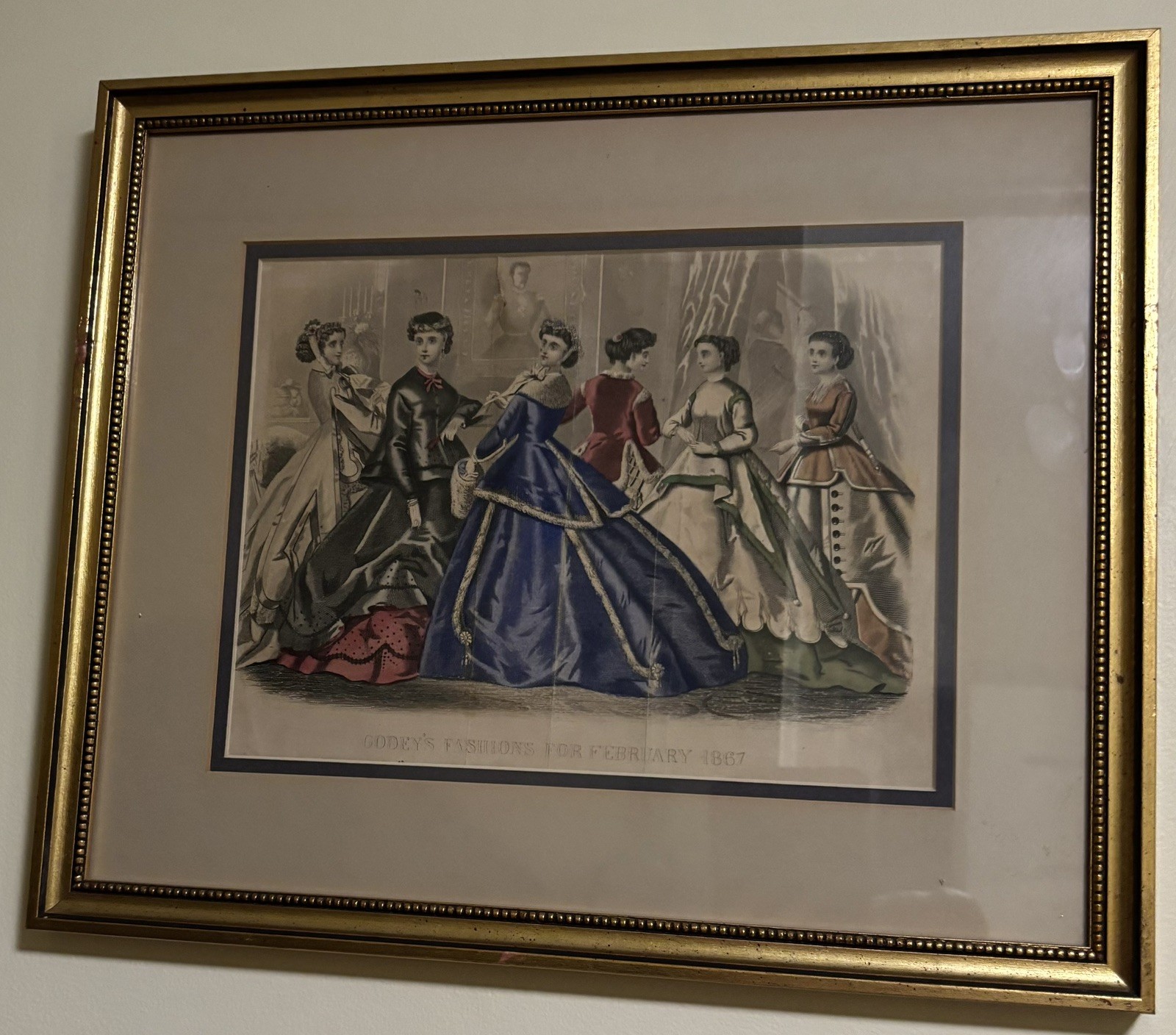 Original 1867 Godey’s Lady’s Book Hand-Colored Fashion Plate - February Framed