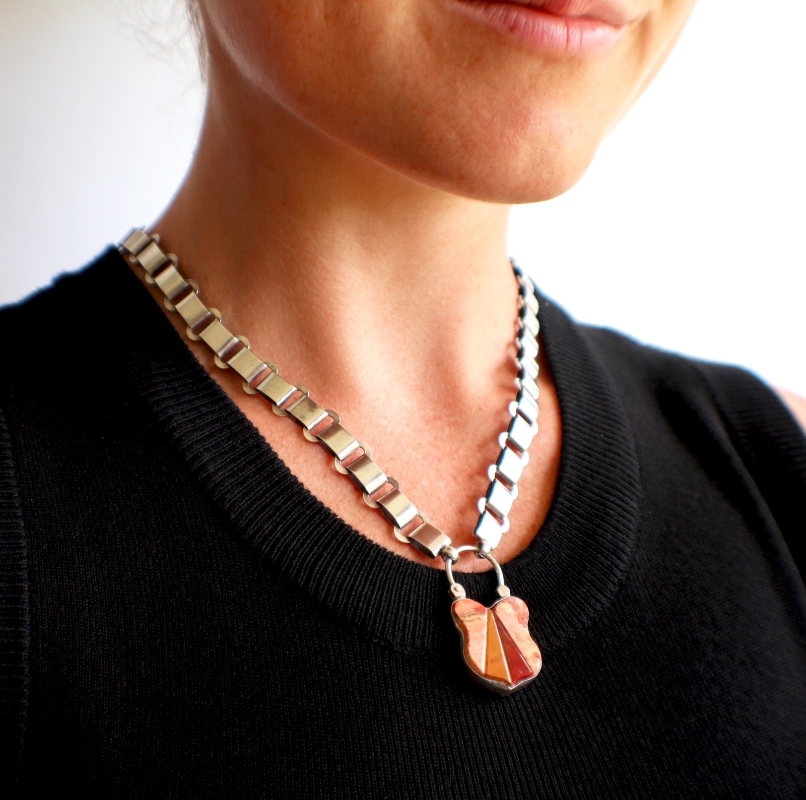 Antique Victorian (c.1880) Boockchain Necklace with Scottish Agate Padlock Antique Victorian (c.1880) Boockchain Necklace with Scottish Agate Padlock