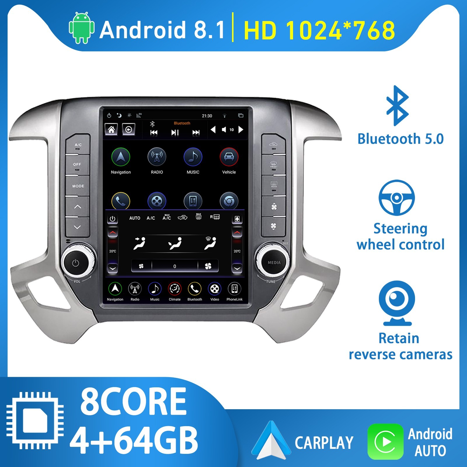 4+64G Android Car Radio Tesla Screen GPS for Chevy Silverado GM Sierra 2014-2018