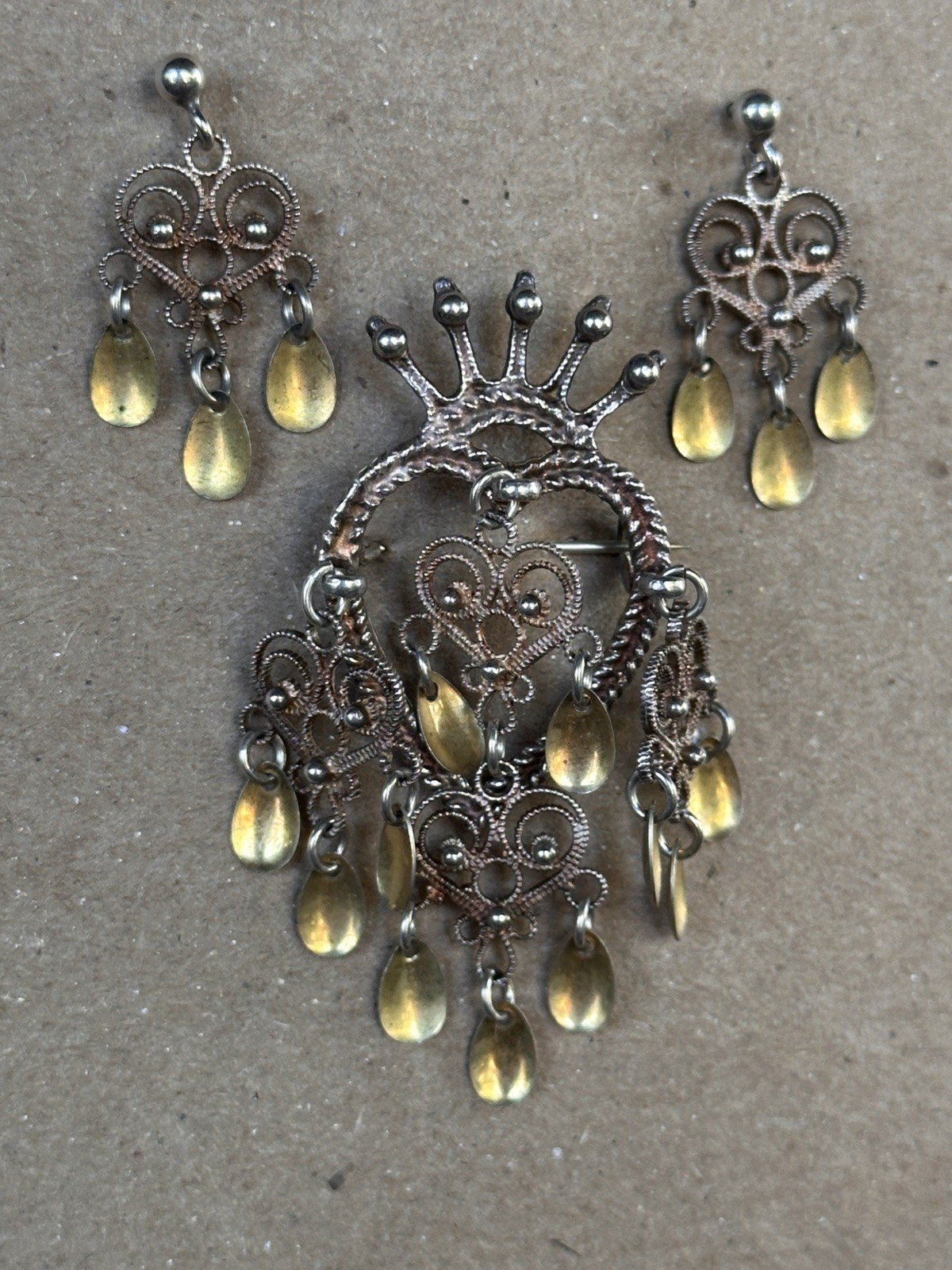 Vintage Norwegian Sterling Silver Solje Sunny Dangly Brooch Pin & Earring Set