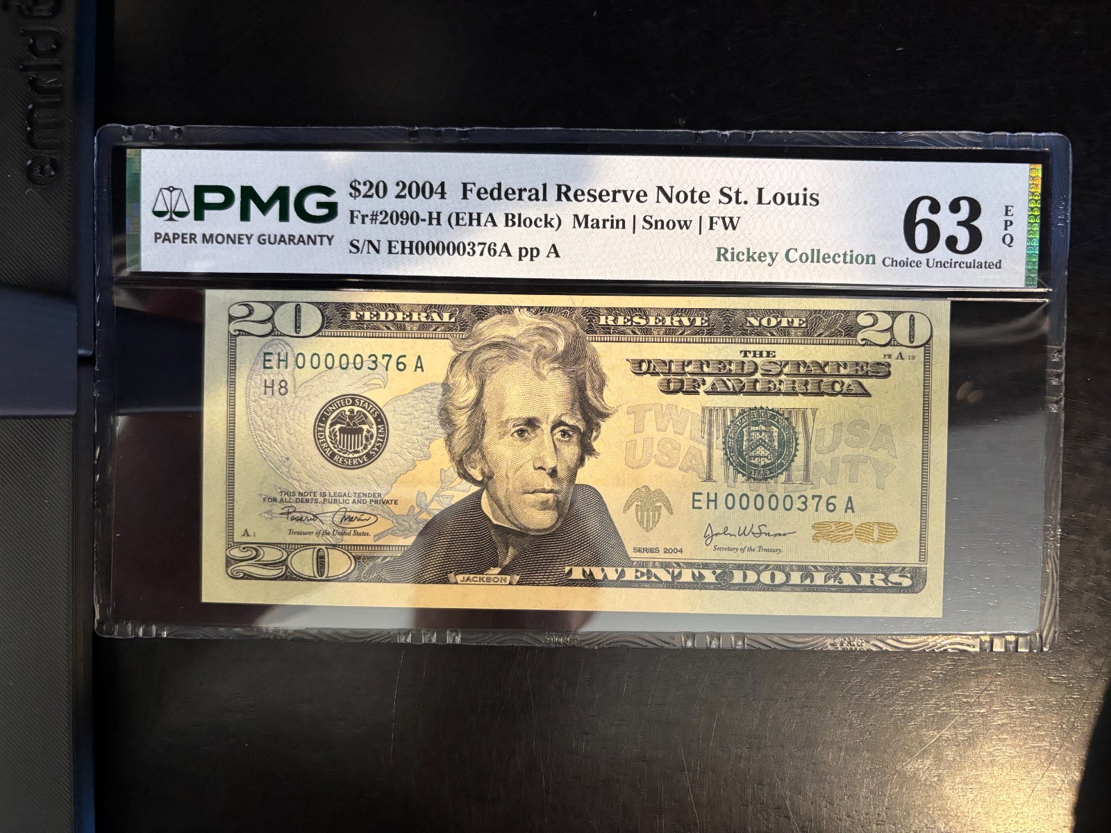 DBR 2004 $20 FRN St. Louis Fr. 2090-H PMG 63 EPQ Low Serial EH00000376A