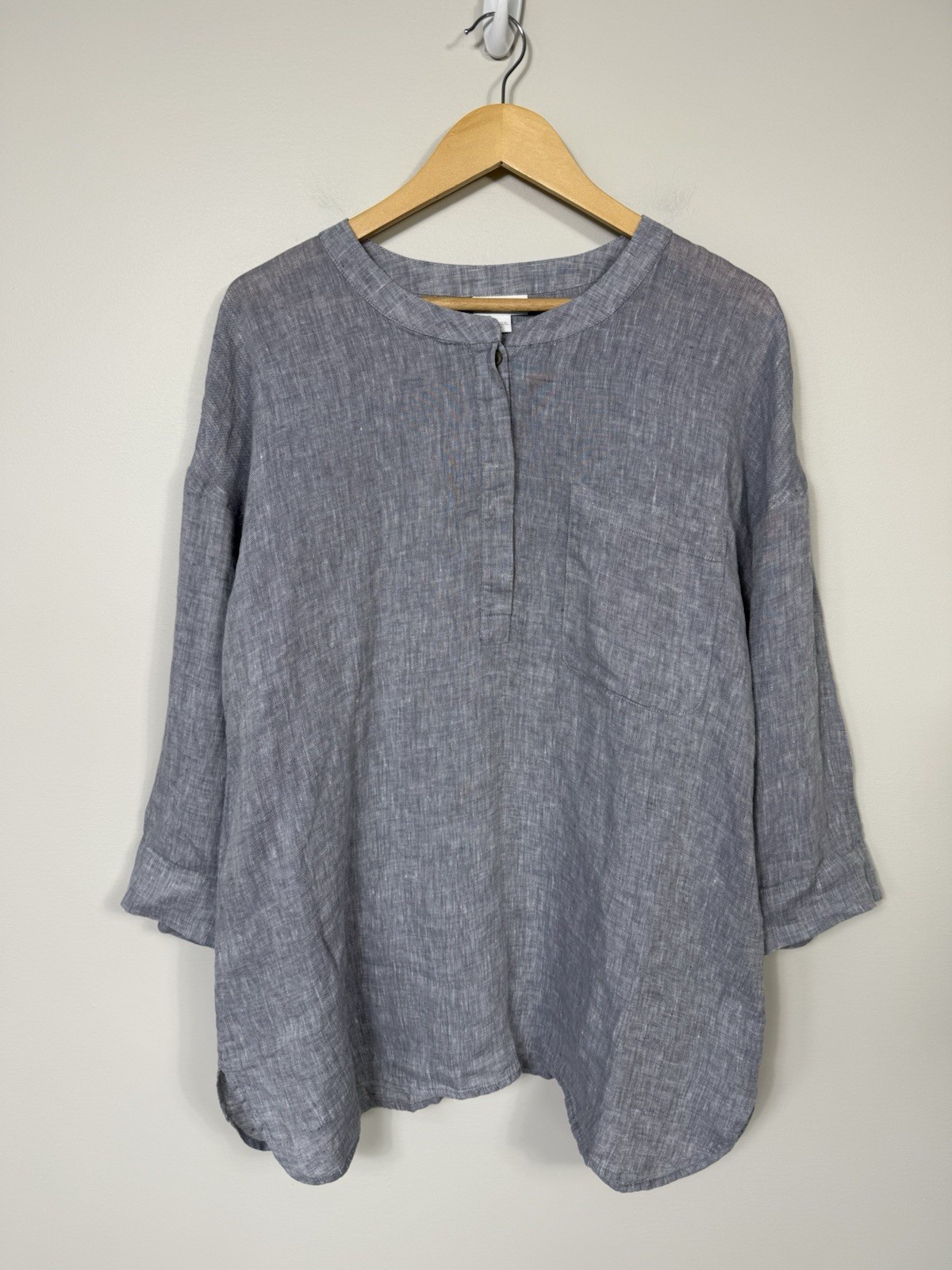 J Jill Top Womens Linen Top Blue 3/4 Long Sleeve Tunic Blouse Beach Chambray L