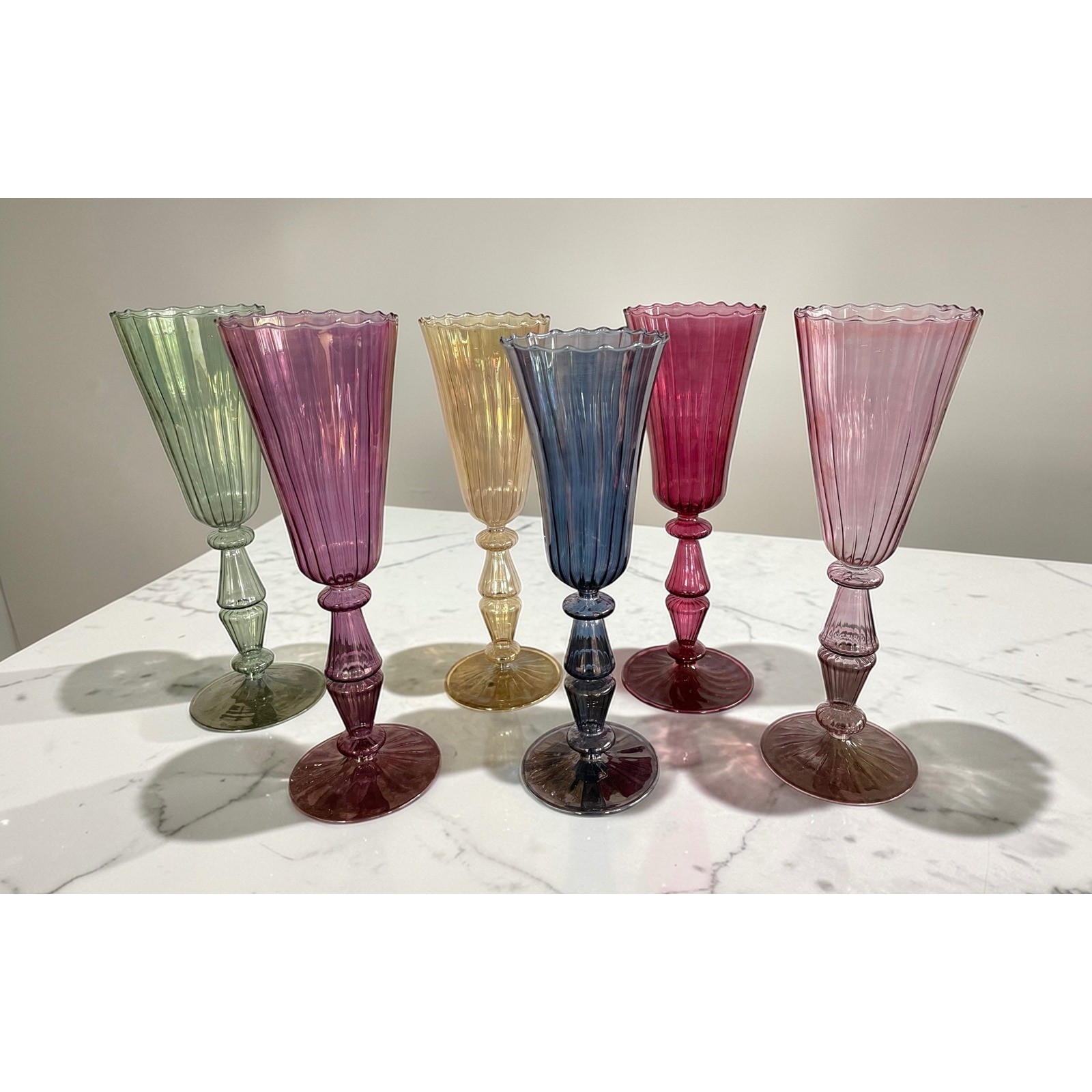 6 Handblown Venetian Murano Glass Iridescent Ribbed Champagne Flutes Multicolor