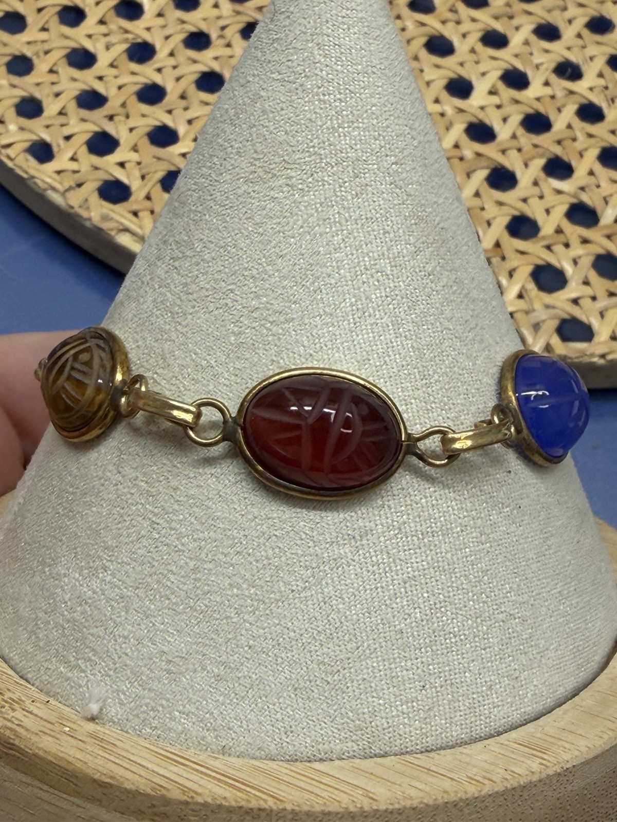 Beautiful Vintage Yellow Gold Filled Stone Scarab Egyptian Ladies Bracelet OD
