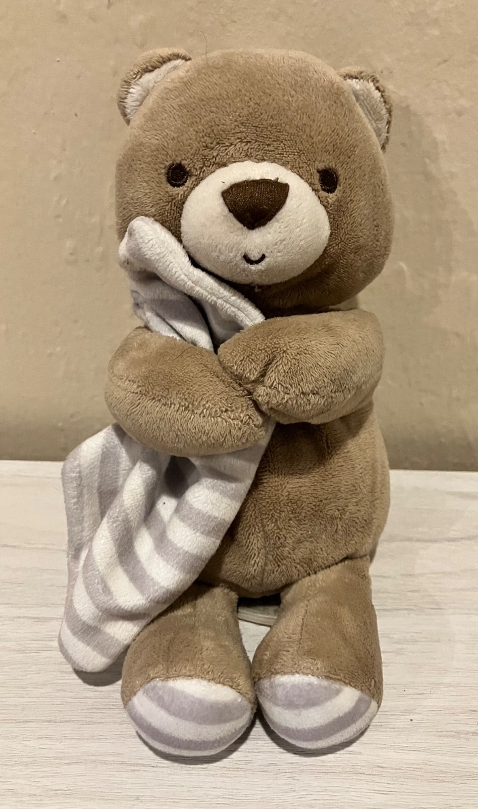 Carter\'s Just One You Brown Plush Teddy Bear Baby Rattle Lovey Gray Stripe EUC