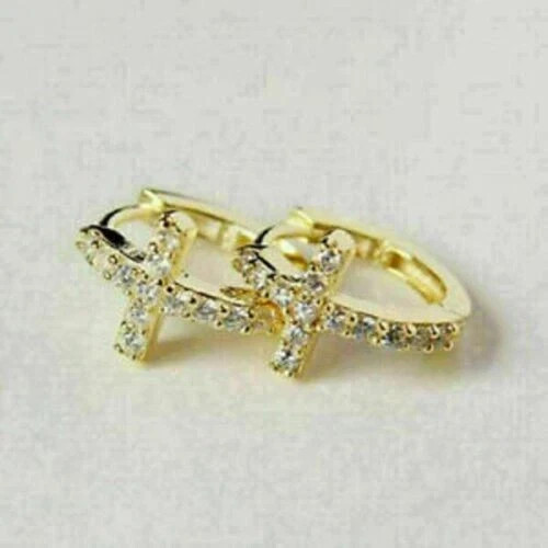 2.3Ct Round Lab-Created Diamond Men Cross  Hoop Earrings 14K Yellow Gold Plated