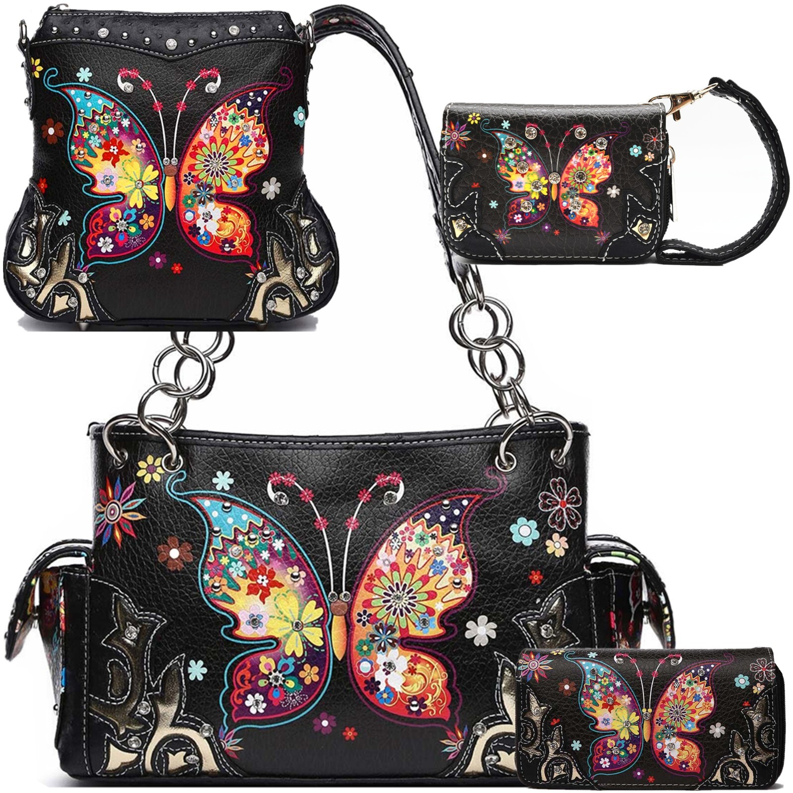 Butterfly Handbag Flower Western Purse Women Shoulder Bag Crossbody Wallet Black