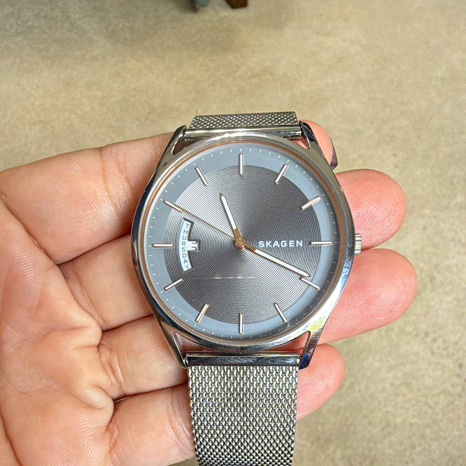 Skagen Quartz Analog Gray Concentric Dial Silver Mesh Band Day Indicator Watch Skagen Quartz Analog Gray Concentric Dial Silver Mesh Band Day Indicator Watch