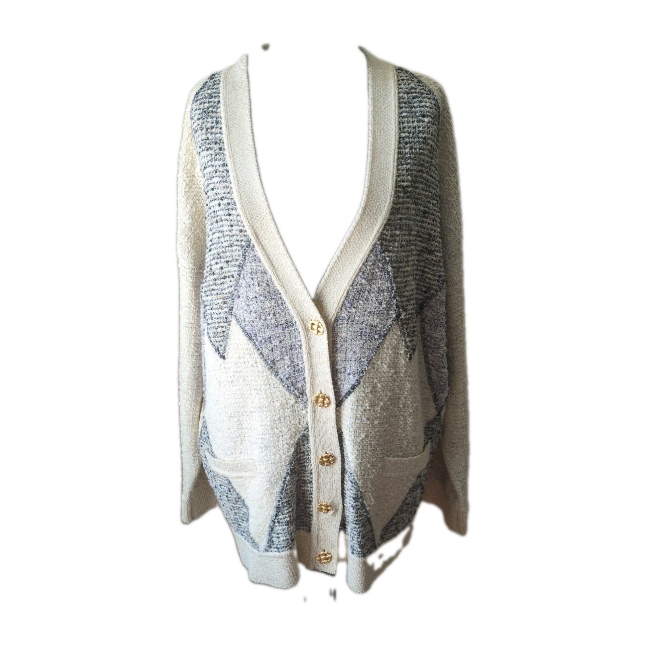St. John Cardigan Ivory Tweed Cotton Blend Lavender Harlequin pattern. St. John Cardigan Ivory Tweed Cotton Blend Lavender Harlequin pattern.