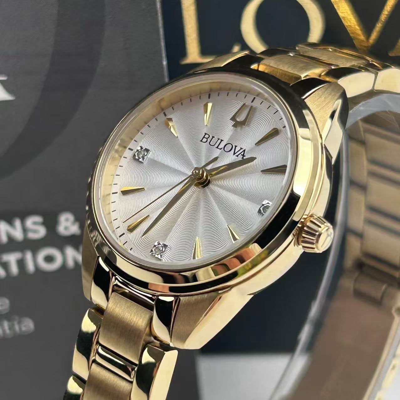 New w/box Bulova Sutton Women\'s Quartz Watch White Diamond Dial 97P150 28 mm