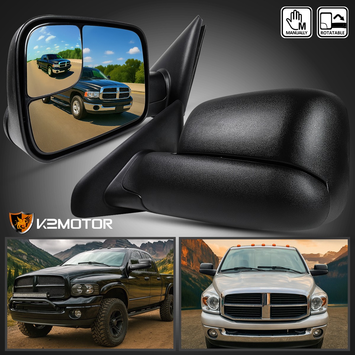 Fits 2002-2008 Dodge Ram 1500 2003-2009 2500 3500 Manual FlipUp Tow Mirrors Pair