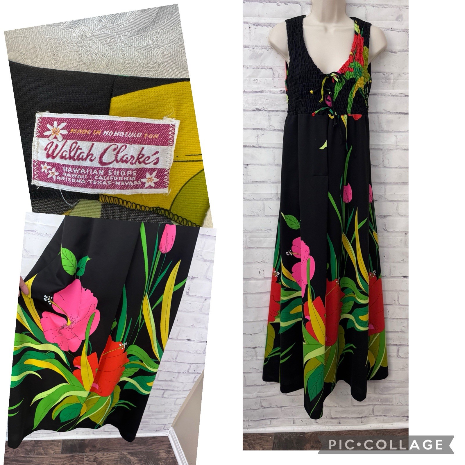 Waltah Clarke\'s VTG 60’s Hawaiian Maxi Dress Smocked Tropical Hibiscus Aloha Waltah Clarke\'s VTG 60’s Hawaiian Maxi Dress Smocked Tropical Hibiscus Aloha