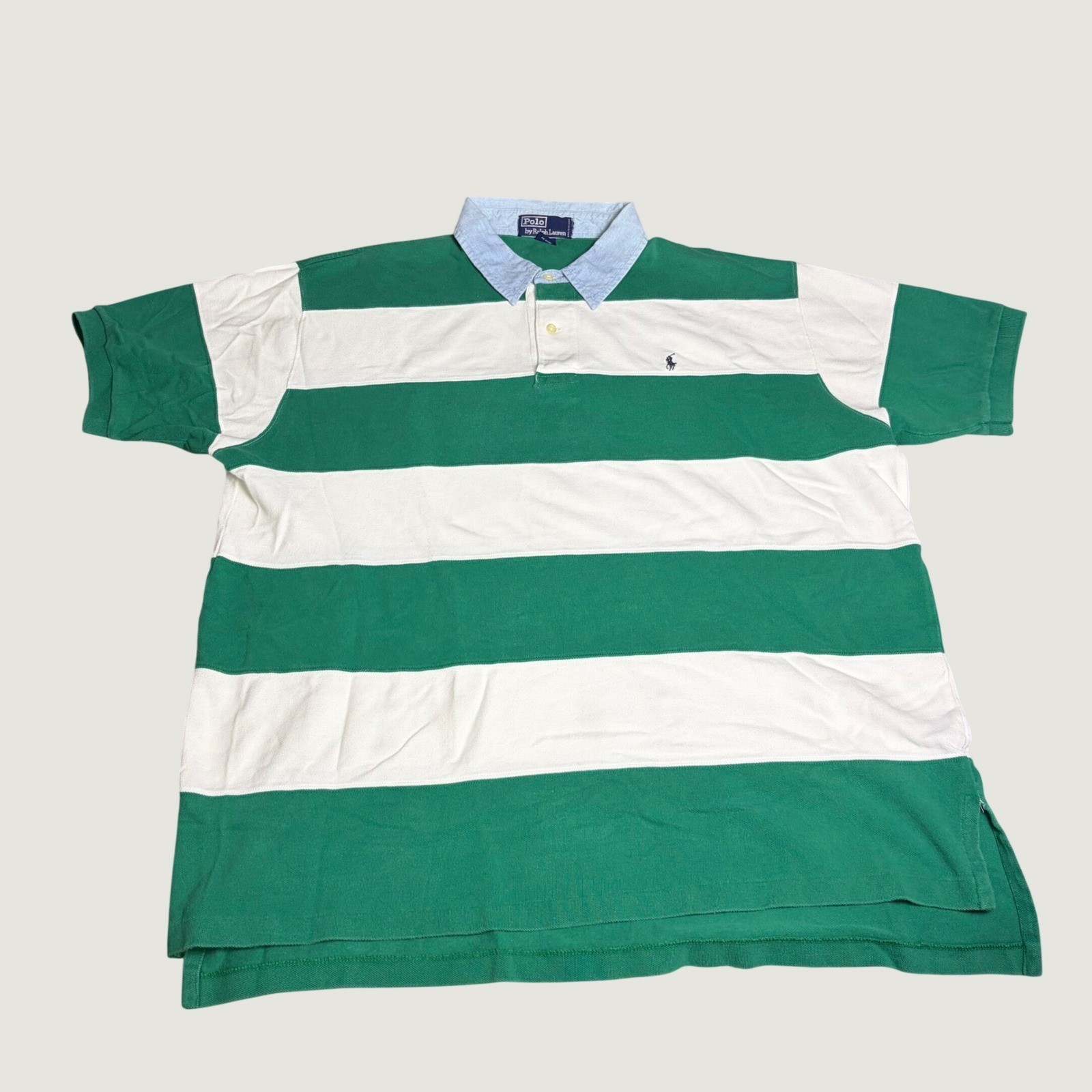 Polo Ralph Lauren Vintage Stripe Polo Green White With Denim Collar Mens XL