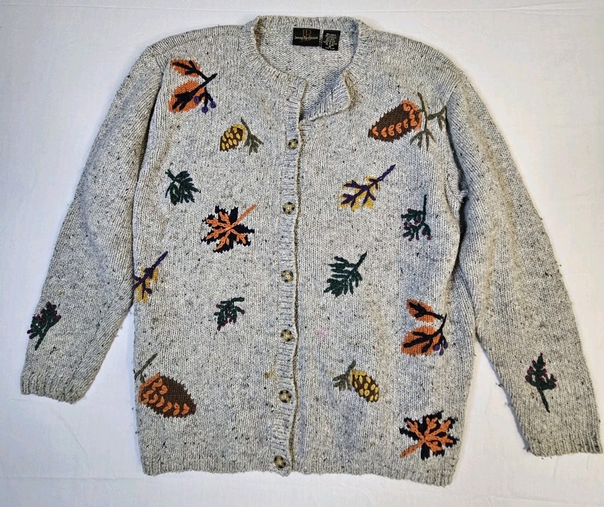 Jenny Buchanan Cardigan Women Medium Gray Fall Autumn Leaves Sweater 90s Vintage