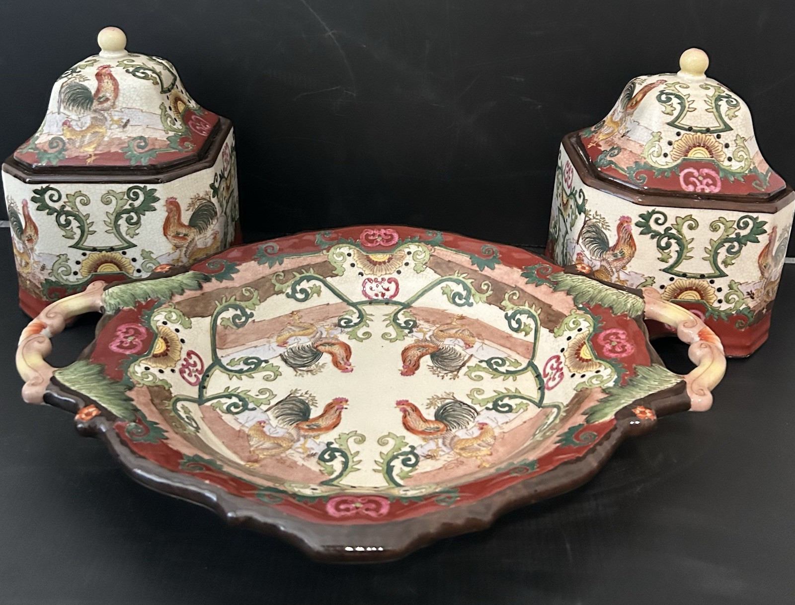 Vintage 3-Pc Chinese Porcelain Rooster Set - Huarong Tang Zhi Platter & Jars