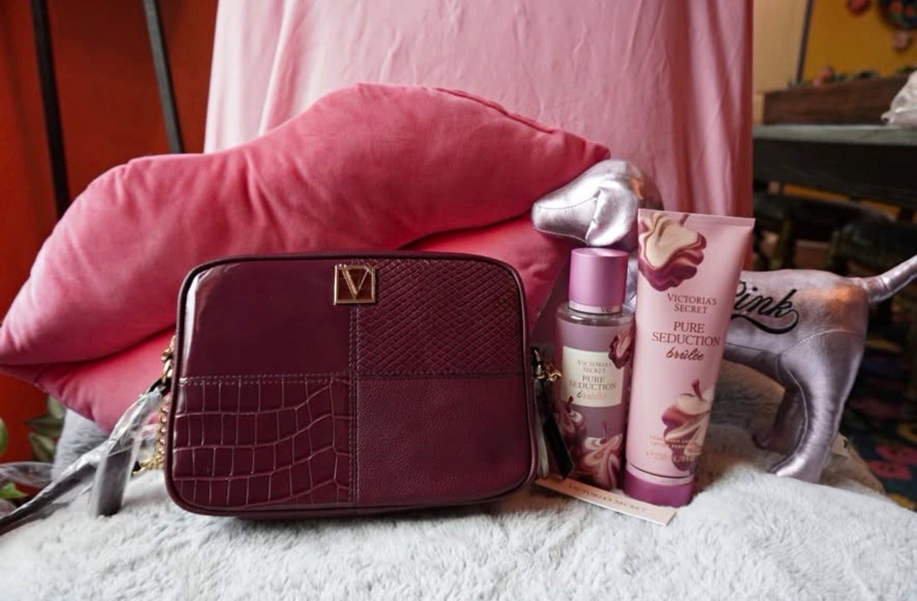 Victoria's Secret Burgundy Crossbody and Pure Seduction Women's Body Mist Gift