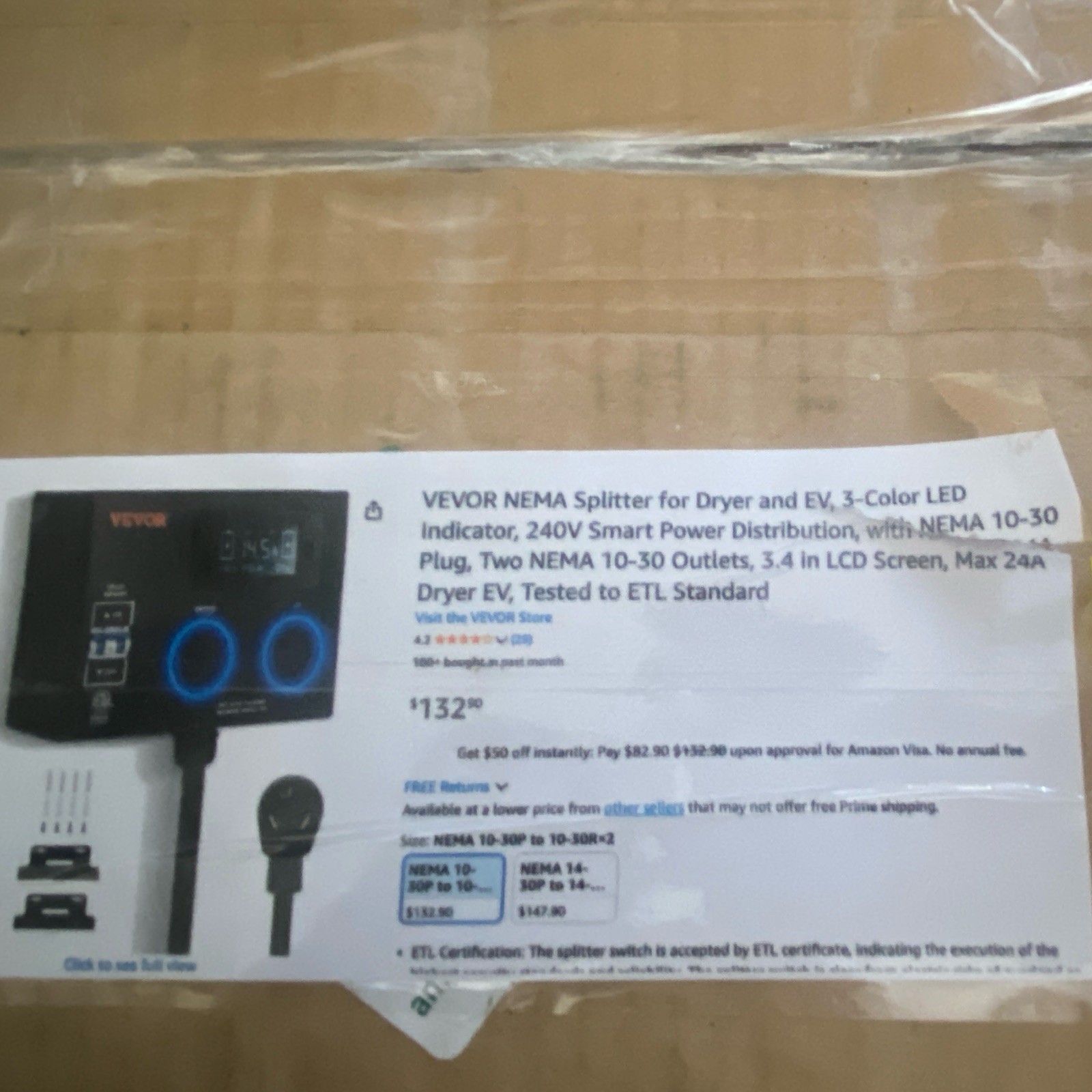 VEVOR NEMA SPLITTER for Dryer And EV Model LVO2 NEMA 10-30 Plug