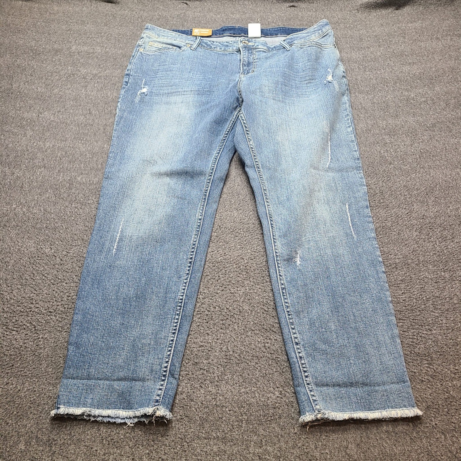 H&M Girlfriend Jeans Women 18 Blue Excellent Low Waist Distressed Raw Hem