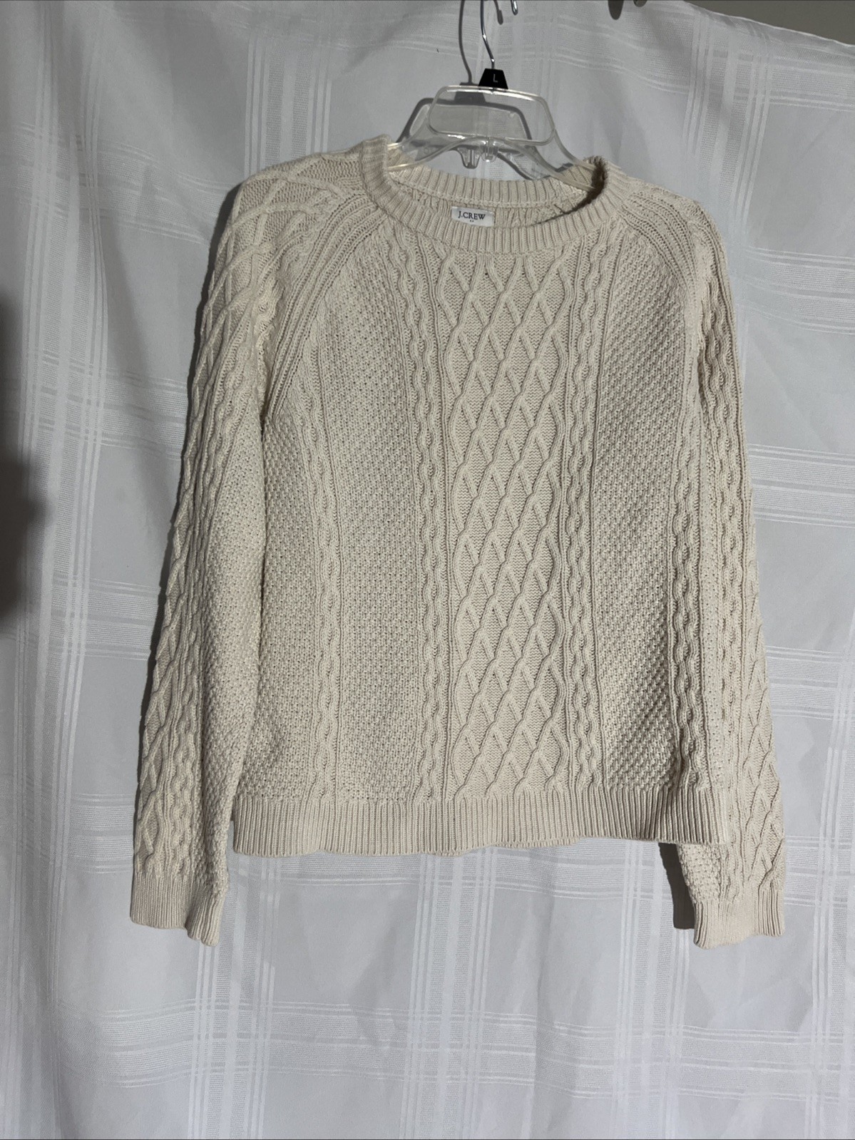 J.Crew Factory Cable Knit Sweater Large Ivory Cream 100% Cotton Crewneck NWT