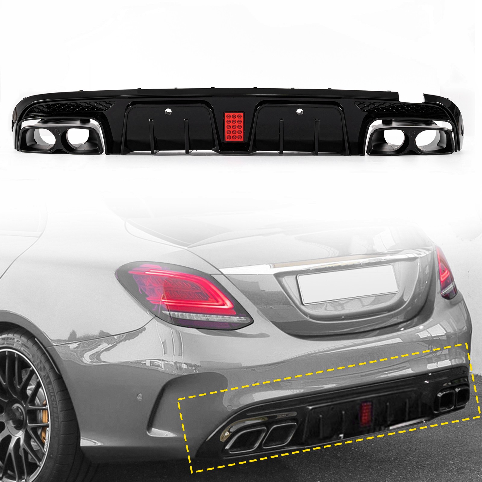 For Mercedes W205 Sedan C43 C300 C450 Bumper Diffuser Exhaust Tips & Brake Light