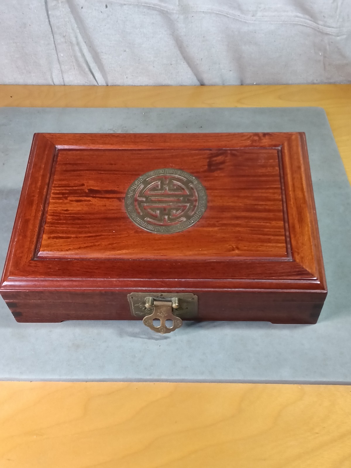 Vintage Chinese Rosewood Jewelry Box Dovetail Brass Shou Longevity Cork Lined