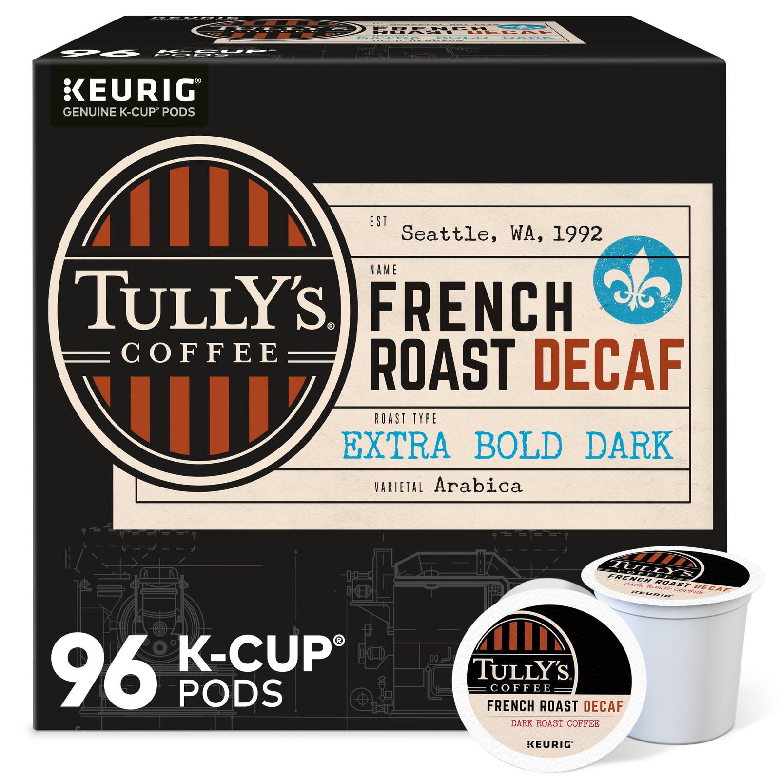Tully's Coffee French Roast Decaf, Keurig K-Cup Pod, Dark Roast, 96 Count Tully's Coffee French Roast Decaf, Keurig K-Cup Pod, Dark Roast, 96 Count
