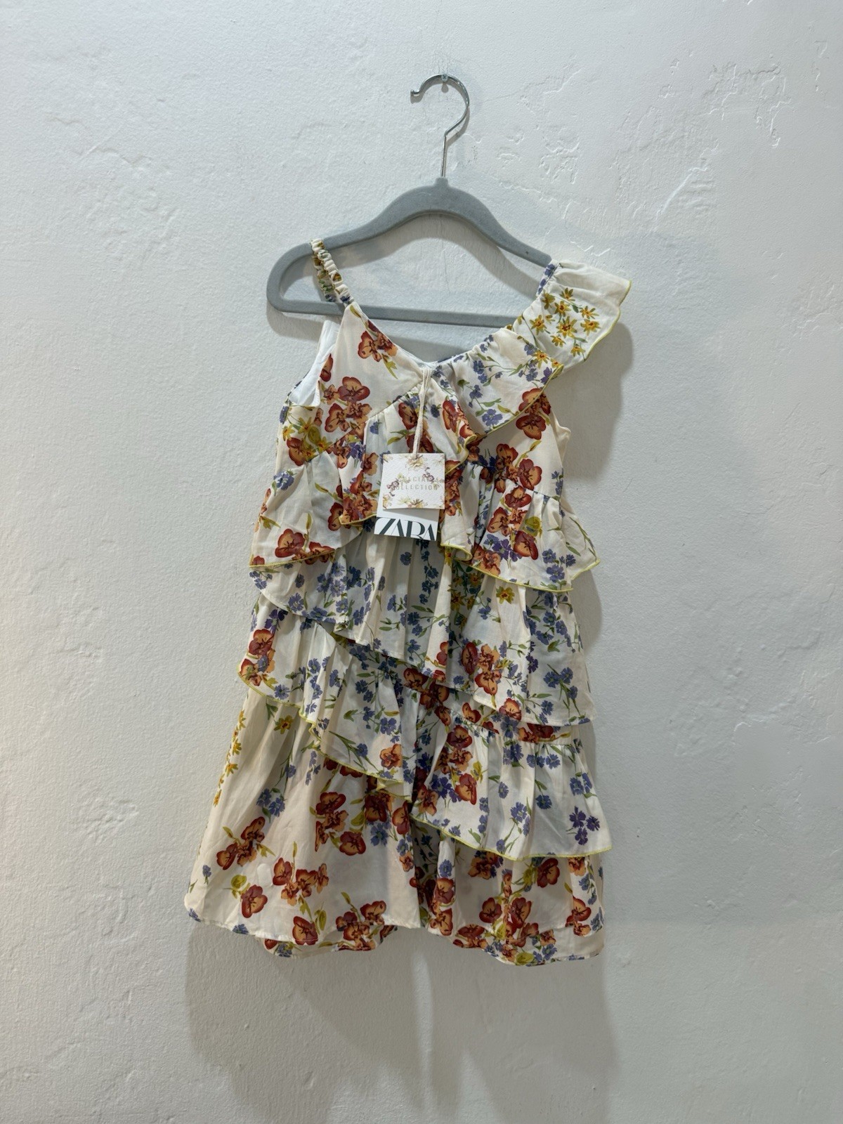 NWT Zara Girls Floral Tiered Ruffle Dress Sleeveless Cotton Ivory Size 7 122 cm