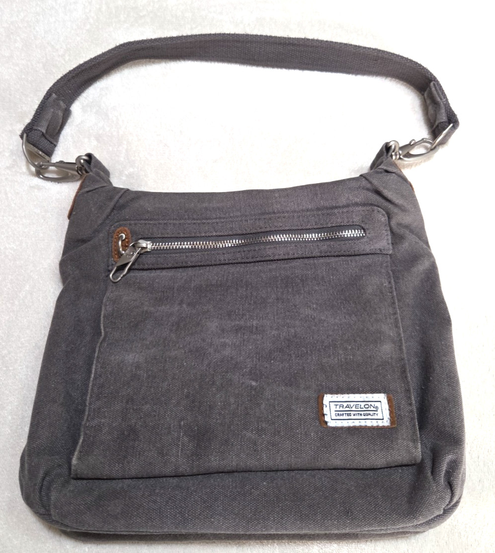 Travelon RFID Anti-Theft Heritage Hobo Crossbody Bag Gray Canvas Zip Pockets