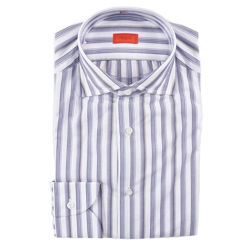 Isaia Modern \'Mix Fit\' Slate Blue and Gray Stripe Cotton Dress Shirt 15 (Eu 38) Isaia Modern \'Mix Fit\' Slate Blue and Gray Stripe Cotton Dress Shirt 15 (Eu 38)