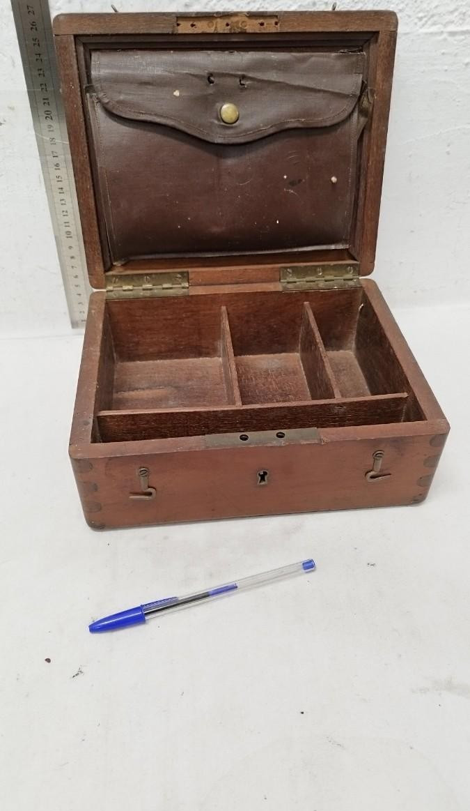 Antique 19th Wooden Cash Box Safe Lock Box Storage Document Chest Leather